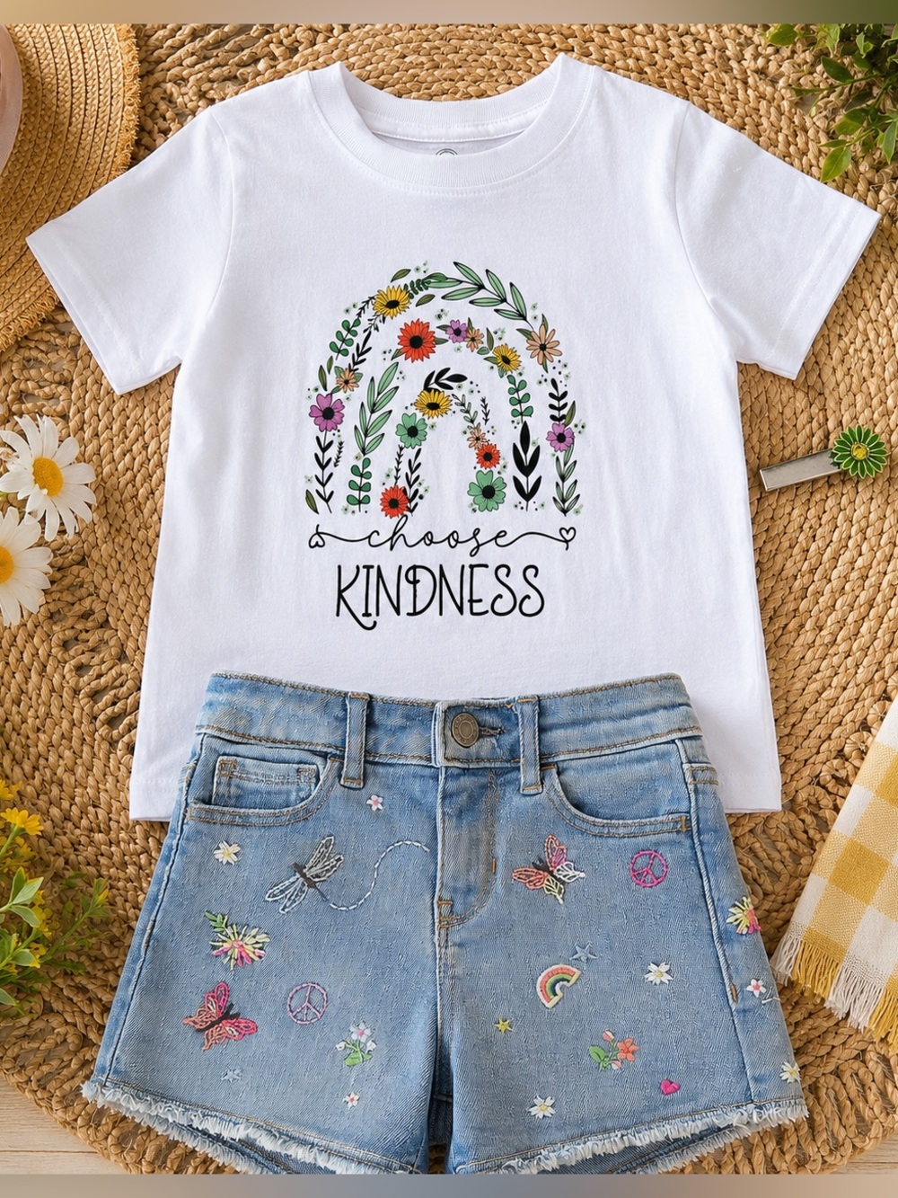 Girls Size 7 Summer Set | Choose Kindness Tee + GAP Shorts + Hair Clip